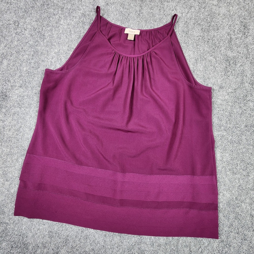 Loft Womens Plum Purple Pleated Halter Tank Top Mesh Hem Blouse Size‎ L